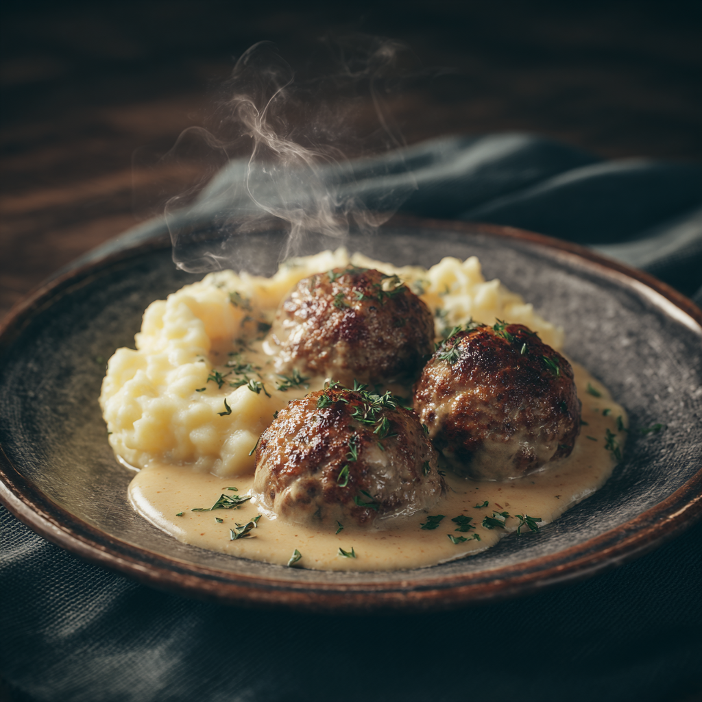 You are currently viewing Hackbällchen in cremiger Sauce mit Kartoffelpüree – Klassisches Familienrezept