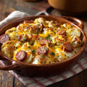 Read more about the article Käse-Ranch-Kartoffeln mit Räucherwurst – Einfach & Deftig