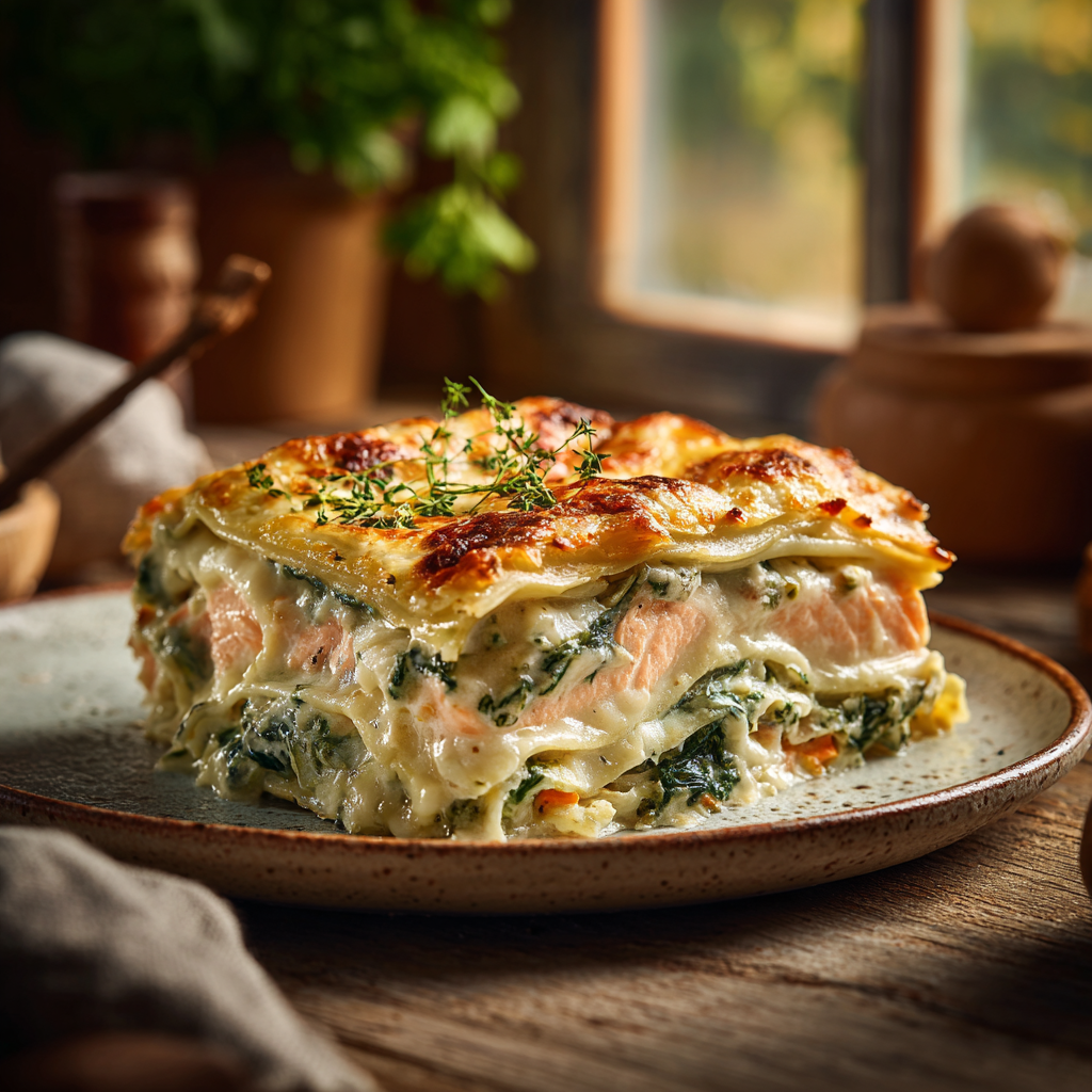 You are currently viewing Lachs-Spinat-Lasagne mit Sahnesoße – Cremige & Edle Ofenlasagne