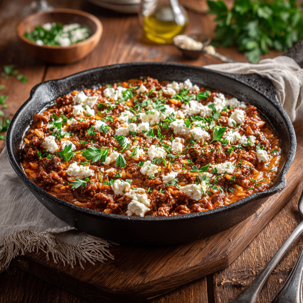 You are currently viewing Kritharaki-Hackfleischpfanne mit Feta – Cremig, Herzhaft & Schnell