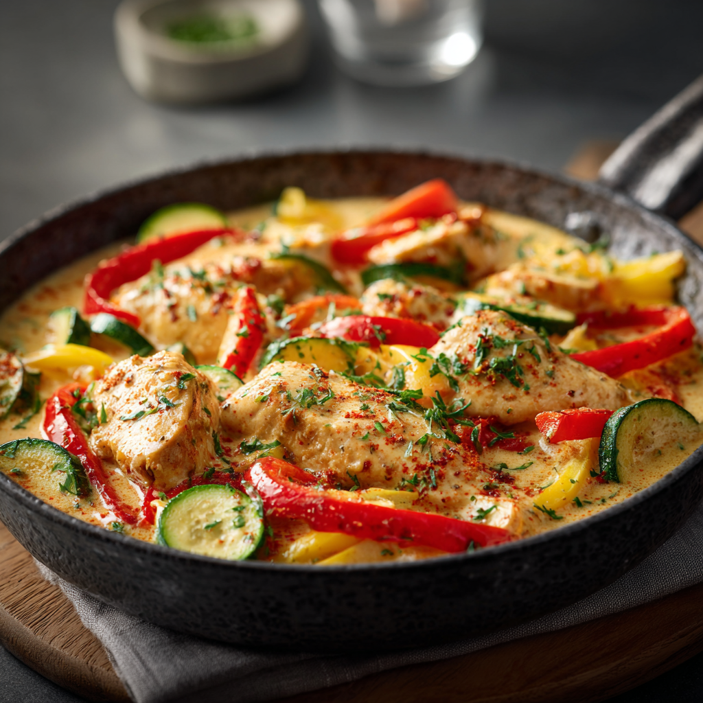 You are currently viewing Cremiges Paprika-Zucchini-Hähnchen – Einfaches Pfannengericht