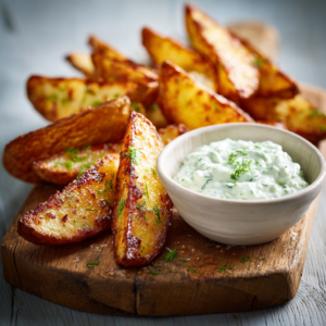 Read more about the article Kartoffelspalten mit Gurkendip – Knusprig aus dem Ofen & erfrischend
