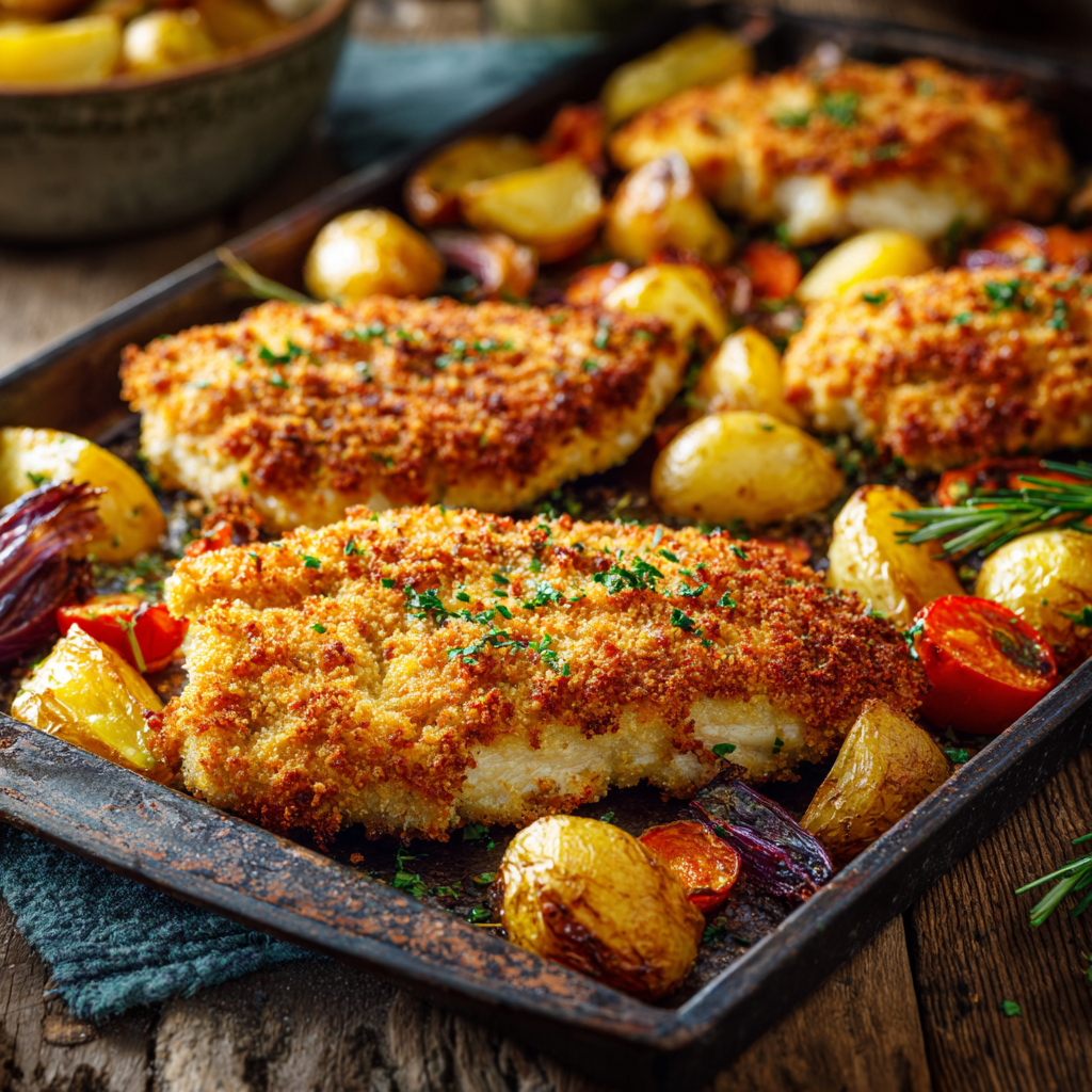 You are currently viewing Parmesan-Hähnchenschnitzel aus dem Ofen mit Gemüse