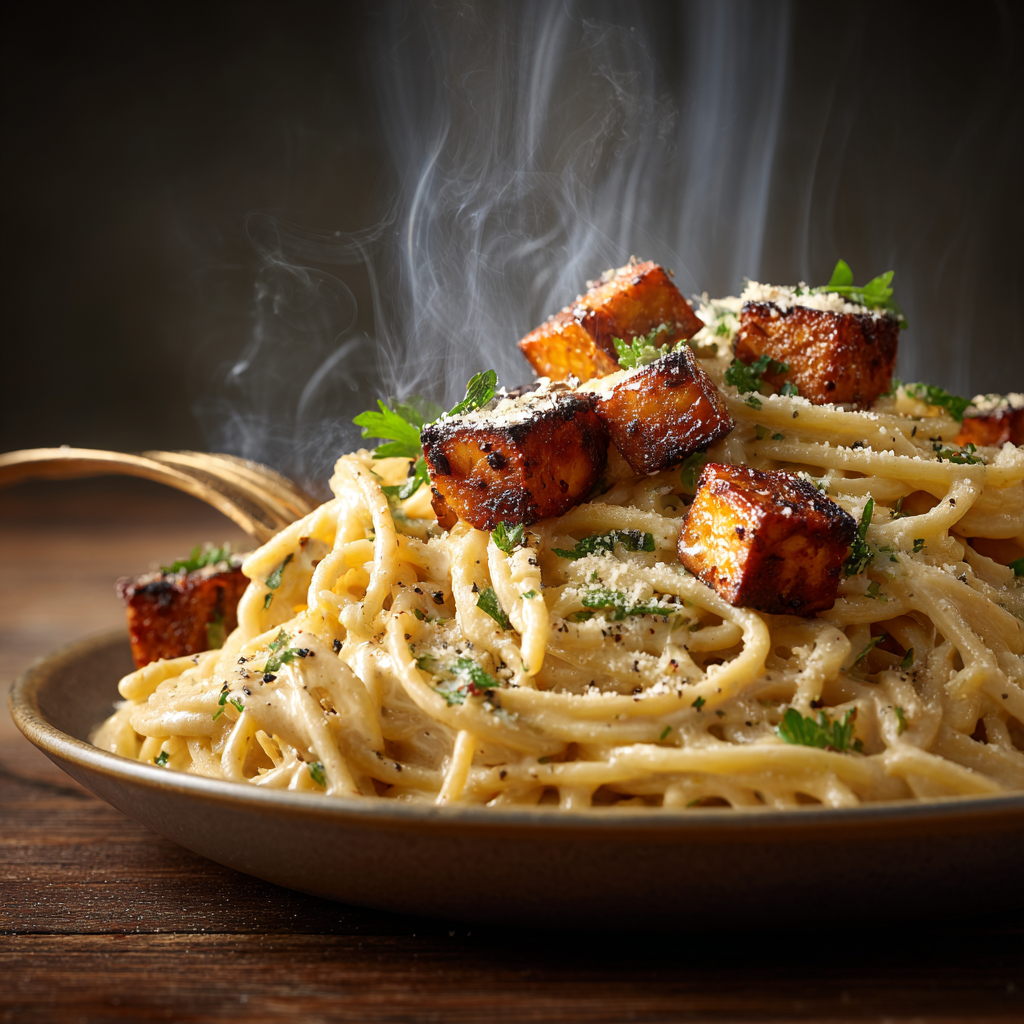 You are currently viewing Cremige vegane Carbonara mit geräuchertem Tofu – rauchig & unwiderstehlich!