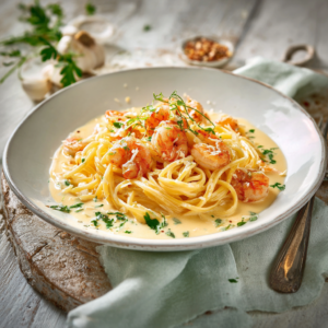Read more about the article Spaghetti mit Garnelen in Frischkäsesauce – cremig & einfach