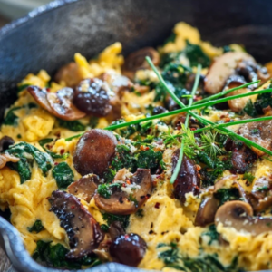 Read more about the article Rührei mit Pilzen und Spinat | Gesundes Frühstück in 10 Minuten